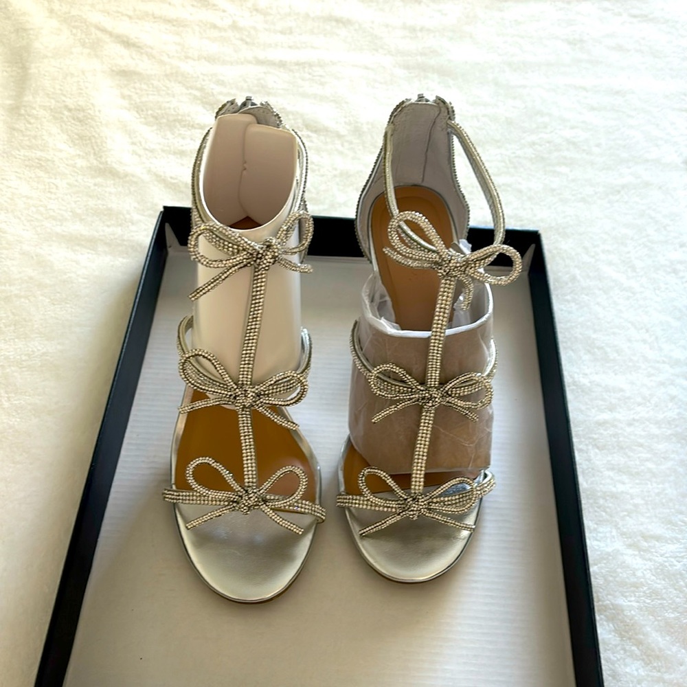 EUC Beaded Bow T-Strap Heels, Silver, Elegant, Formal.